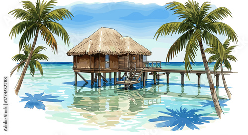 Tropical Overwater Bungalow Serene Turquoise Ocean Palm Trees Peaceful Island Paradise Vacation