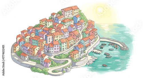Colorful Italian Coastal Village Clinging to a Steep Hillside Overlooking the Ocean and Harbor with Boats