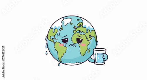 A cartoon illustration of a sad Earth character holding a mug with a sweating expression on a plain white background with a worried mood.