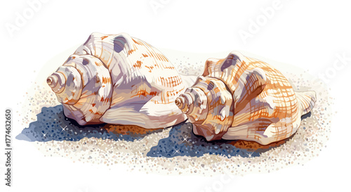 Two large conch shells resting on a sandy beach with textured surface and shadows