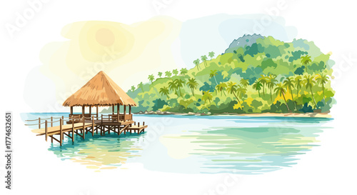 Watercolor Tropical Island Hut Pier Calm Ocean Scenic View Vacation Paradise
