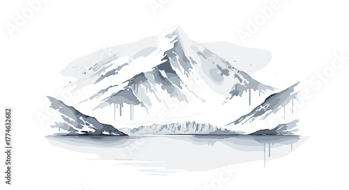 Majestic Snow Covered Mountain Peak Reflecting in Calm Lake Illustration Isolated on White Background