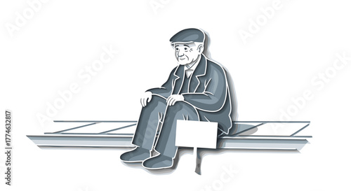 Elderly Man Sitting Bench Waiting for Transportation Isolated on White Background
