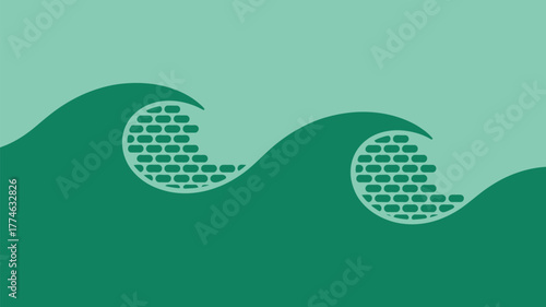 A minimalist design featuring two green waves with a brick pattern inside on a light green background