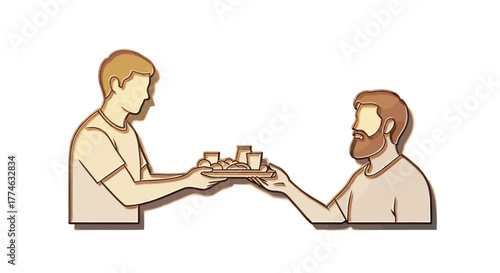 Two men offering a tray of miniature buildings and houses concept of urban planning development
