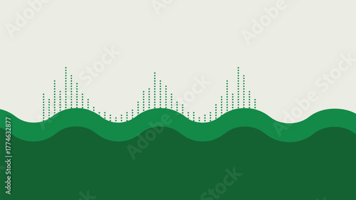 Abstract landscape with green wavy hills and dotted peaks against a light beige background design art