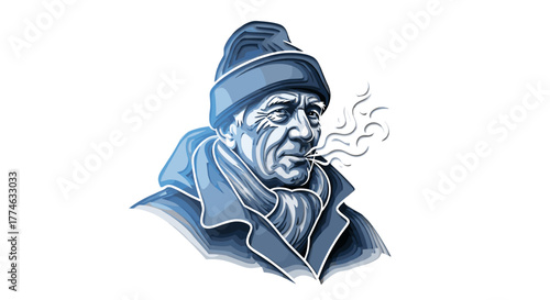 Mature Man Wearing Beanie and Scarf Smoking Pipe Isolated on White Background Artistic Illustration