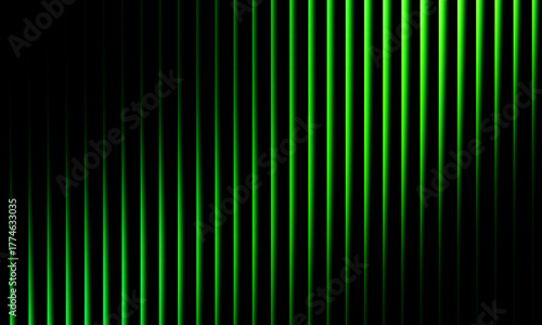 Vibrant neon green light stripes pattern on black background creating futuristic abstract wave effect with gradient energy and modern texture