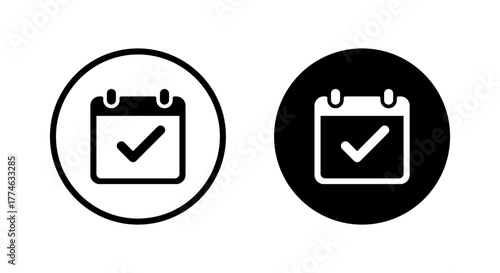 Checklist calendar icon in black circle. Task completed and date reminder symbol. Schedule confirmation sign