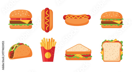 Flat lay illustration of various fast food items including burgers, hot dogs, fries, and sandwiches against a clean white background.