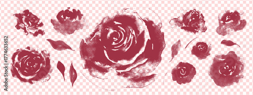 Pink roses set. High detailed halftone texture. Noisy, grainy roses. Flowers, buds, leaves with granulated texture.  