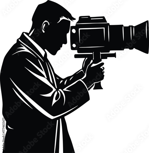 Silhouette of a cameraman holding a video camera filming