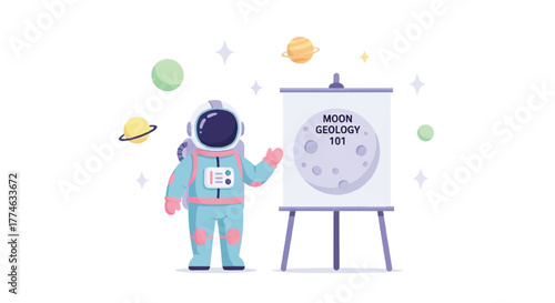 Astronaut in spacesuit presenting moon geology on a whiteboard with planets and stars in the background, in a colorful flat illustration style.