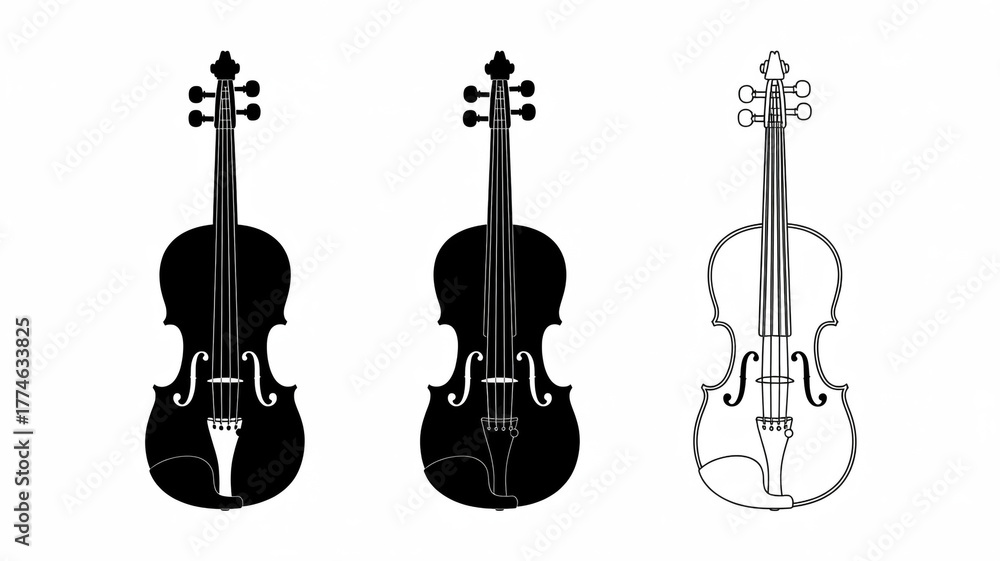 Naklejka premium Minimalist black and white illustration of three violins, detailed, solid, and outlined silhouettes, clean lines, sharp contrast, decorative strings, pegs, f-holes, equal size, horizontal layout.