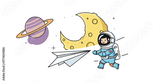 A cartoon astronaut in a blue spacesuit flies a paper airplane towards a purple planet and yellow crescent moon in a whimsical, dreamy scene with a clean white background.