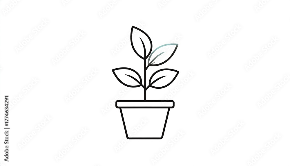 Obraz premium Line art drawing of a small plant in a pot, showing detailed leaves. Simple illustration, minimalist, clean lines on a white background