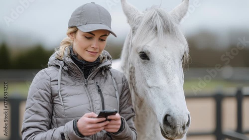 A young Caucasian woman with blonde hair in a gray cap and jacket stands beside a white horse, looking at her smartphone in an outdoor setting.