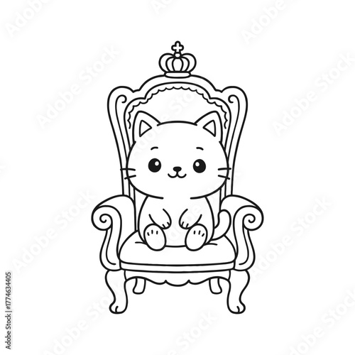 A cat is sitting on the king's chair. Hand-drawn coloring pages