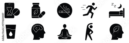 Healthy Lifestyle solid icon set. Wellness and fitness related solid black icons. balanced diet, exercise, sleep, hydration, mental health, nutrition, healthy and habits. Vector illustration.