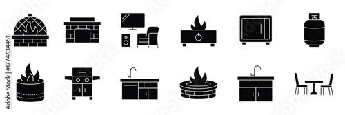 Backyard firepit solid black icon set. Outdoor kitchen solid  icon set. Fireplace, burning logs, firewood stack, flame, charcoal, grill grate and more. Vector illustration.