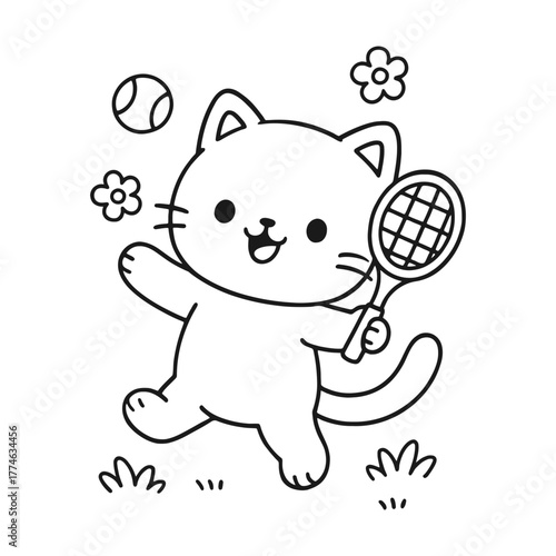 Cats like to play tennis. Hand-drawn coloring pages