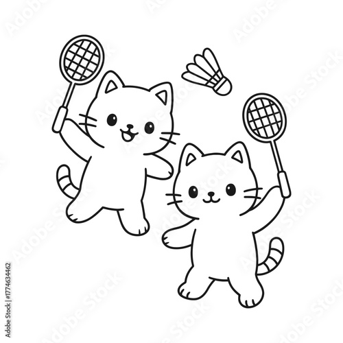 Cats playing badminton. Hand-drawn coloring pages