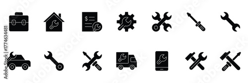 Maintenance solid icon set. Repair solid black icon set. Car repair, maintenance, toolbox, car mechanic, home, mechanic and more. Vector illustration.