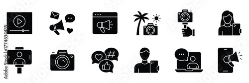 Blogging and blogger solid black icon set. Blog, influencer, content, vlog, vlogger, followers, social media, digital marketing and more. Social media content creator doodle.