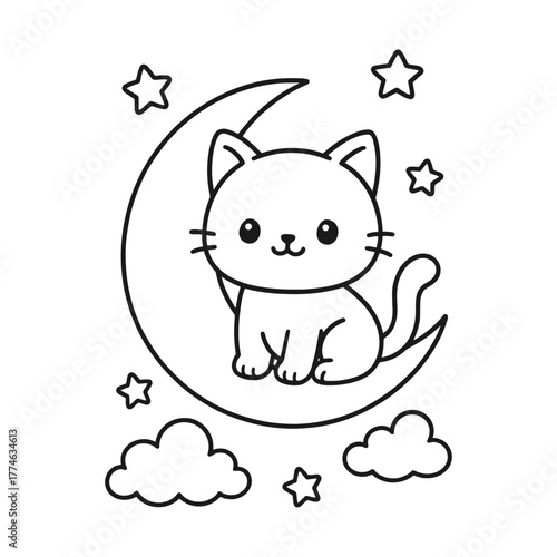 A cat is sitting on the moon alone. Hand-drawn coloring pages