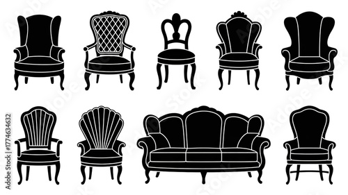 Black and white victorian furniture silhouette set, elegant vintage chairs and sofa, ornate antique style, decorative classic interior design illustration, isolated white background.