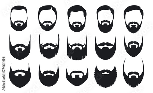 Collection of diverse beard styles and mustache designs for men, showcasing various facial hair grooming options