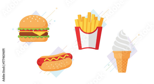 Flat lay illustration of a hamburger, hot dog, french fries, and ice cream on a white background with colorful food icons.