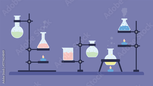 Flat style chemistry lab illustration with colorful liquids in flasks and beakers over a purple background showing scientific experiment concept for education and research themes