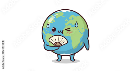 A cartoon illustration of a sweating Earth character holding a fan in a comical expression on a plain white background.