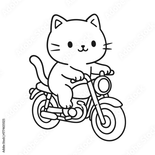 A cat riding a motorcycle. Hand-drawn coloring pages