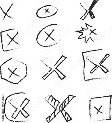 PrintCollection of handdrawn x marks isolated on transparent background, representing cancellation, error, or incorrectness