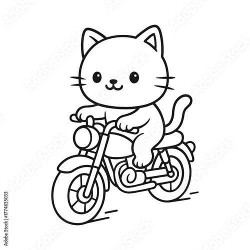 Cat with a motorbike. Hand-drawn coloring pages