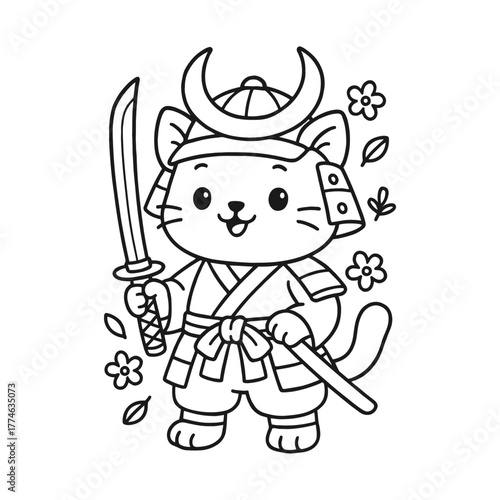 Samurai cat. Hand-drawn coloring pages