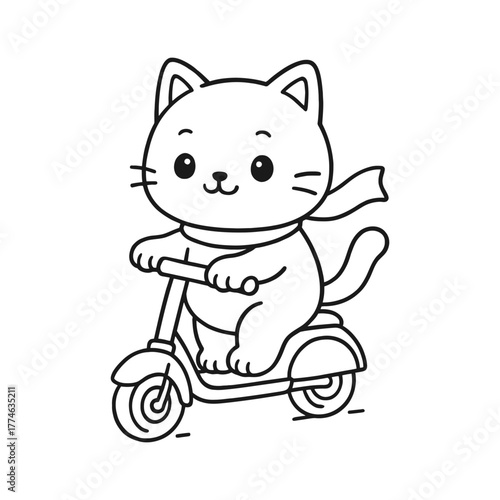 Cat playing scooter. Hand-drawn coloring pages