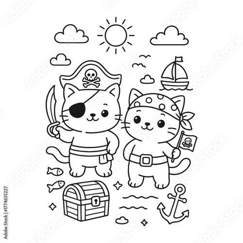 Pirate Cat. Hand-drawn coloring pages