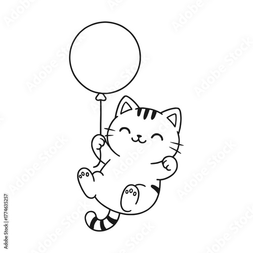 Cat floating with balloons. Hand-drawn coloring pages