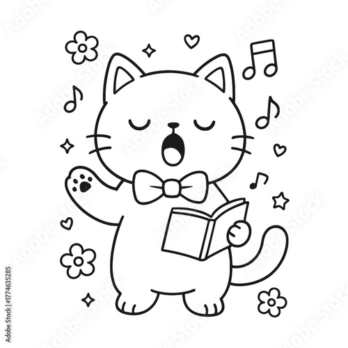 Singing cat. Hand-drawn coloring pages