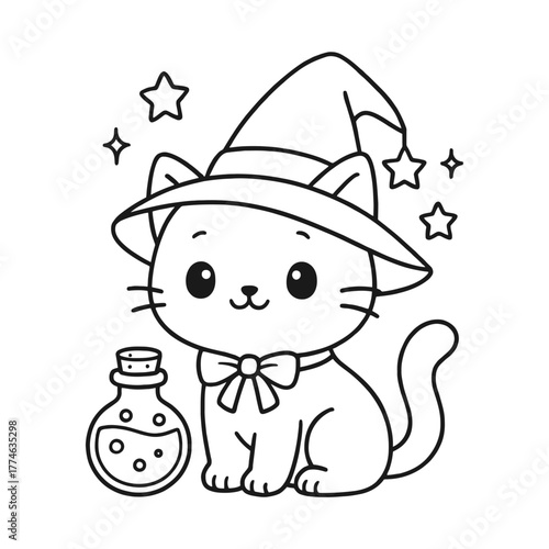 Witch Cat. Hand-drawn coloring pages
