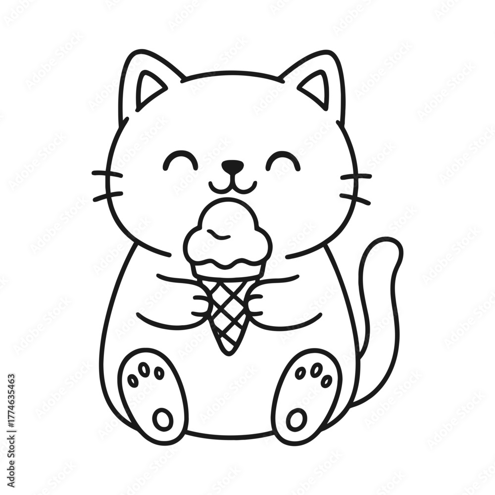 Obraz premium A cat eating ice cream. Hand-drawn coloring pages
