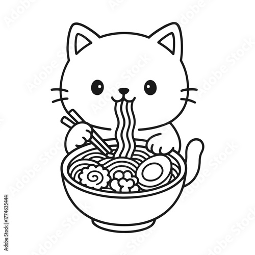 Cats eating ramen. Hand-drawn coloring pages