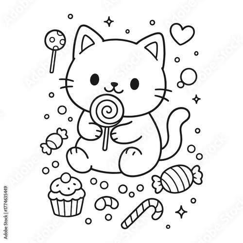 A cat eating a lollipop. Hand-drawn coloring pages