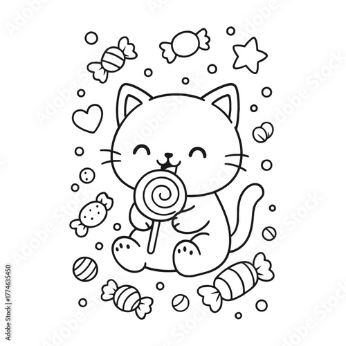 Cats like to eat lollipops. Hand-drawn coloring pages