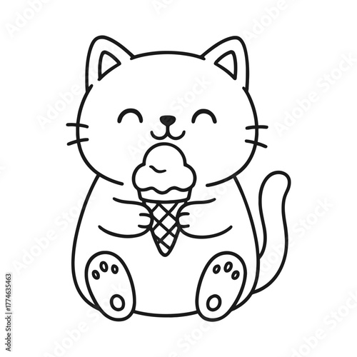 A cat eating ice cream. Hand-drawn coloring pages