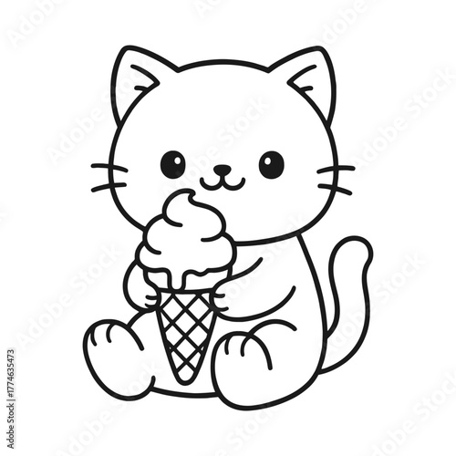 Cats love eating ice cream. Hand-drawn coloring pages