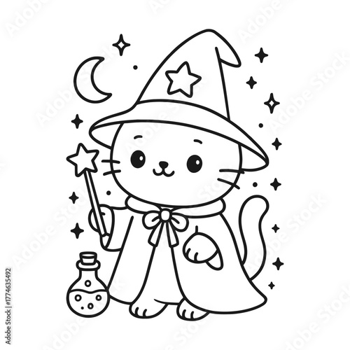Wizard cat. Hand-drawn coloring pages